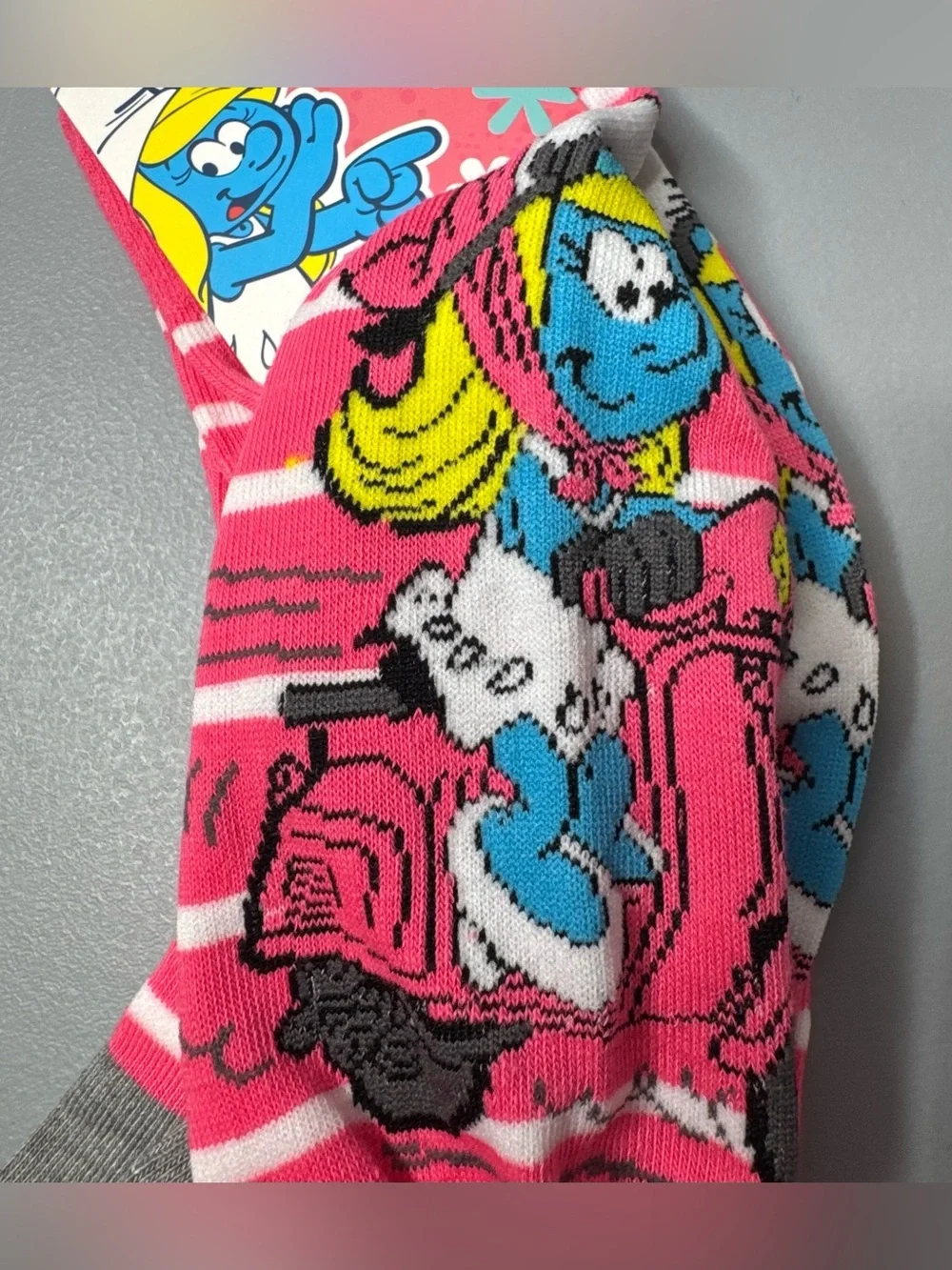 The Smurfs Smurfette on moped Pink Striped Character Socks novelty vibrant